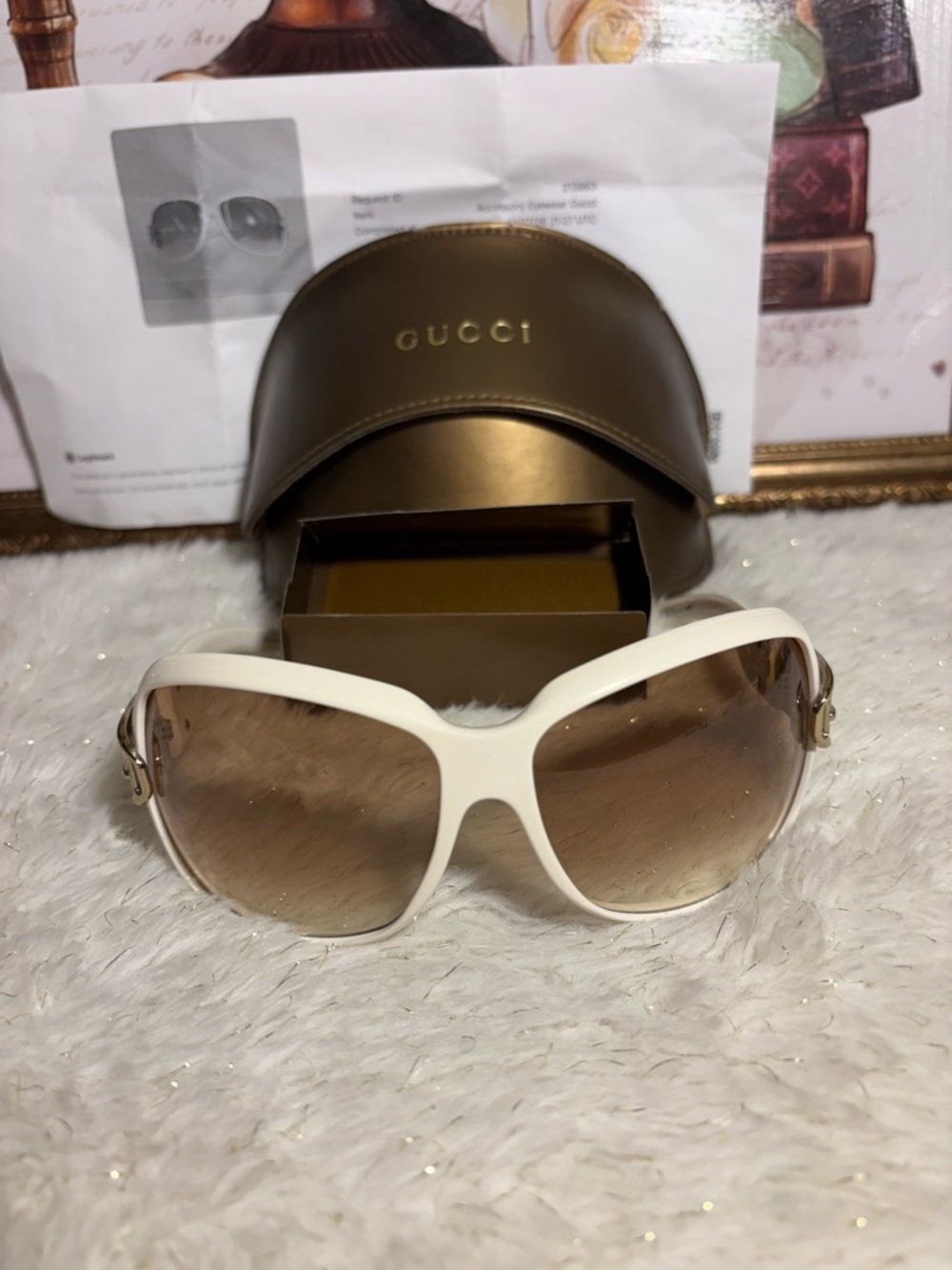 Vintage Gucci White Buckle Optyla Sunglasses With COA, Case, And Card